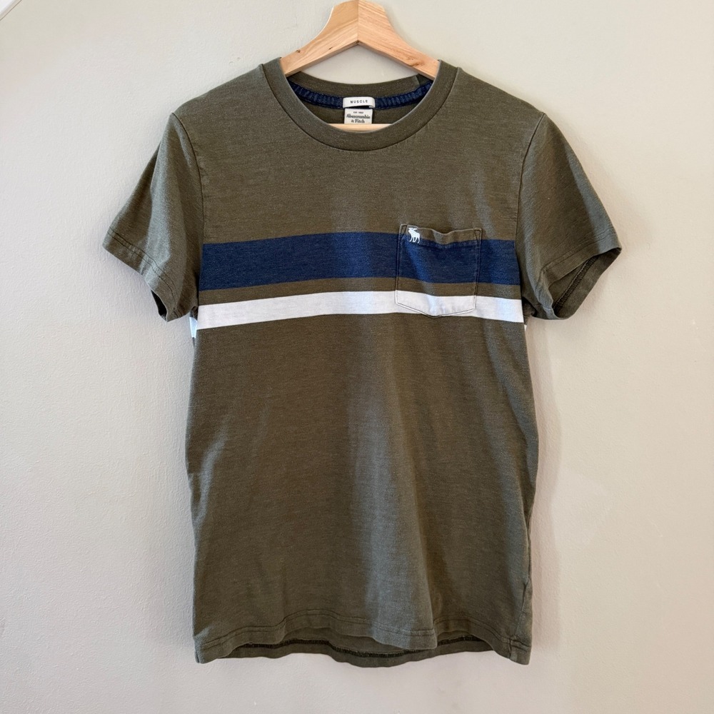 Abercrombie & Fitch T-Shirt Mens M Olive Muscle Fit Striped Pocket Crew Neck Tee